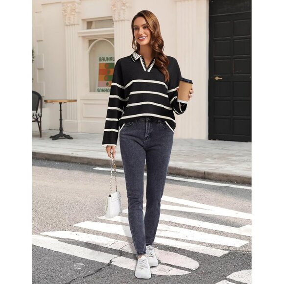 Women’s Black Fall Polo Sweater Striped V Neck Long Sleeve Pullover - Picture 5 of 6